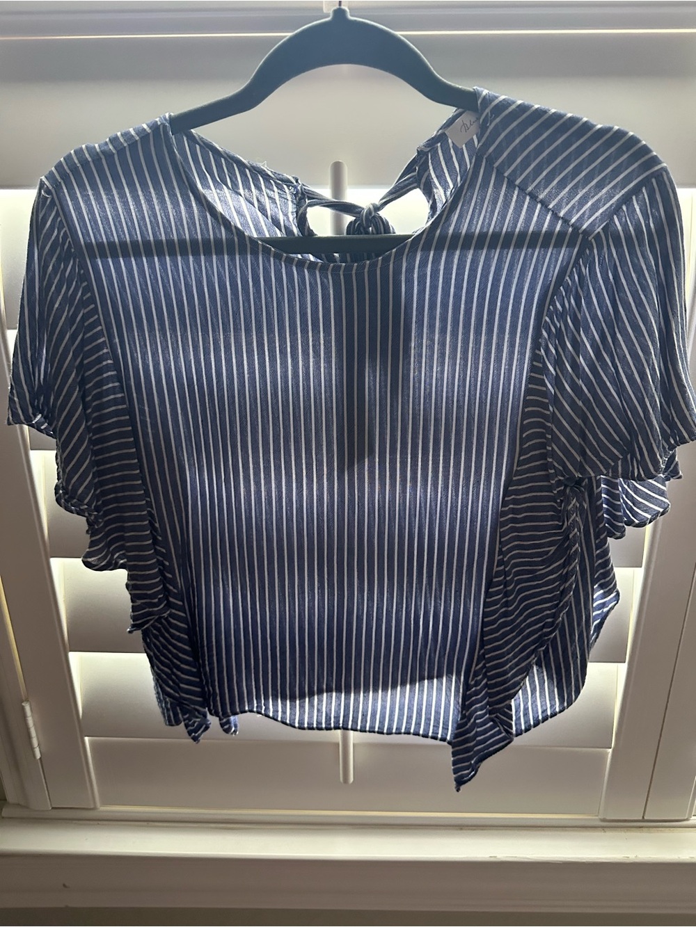 Striped Navy Blue Tie-Back Short Sleeve Women's Top